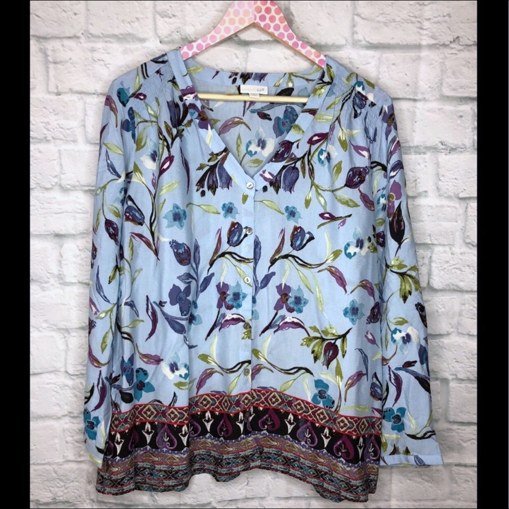 J Jill Floral Blouse Blue Size Large Petite - Picture 1 of 7